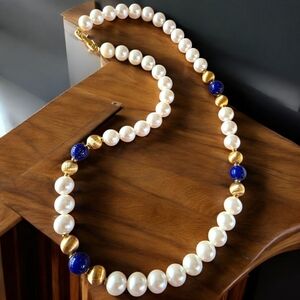 Vintage Napier Faux Pearl & Cobalt Blue Beaded Necklace| Signed Napier Patent